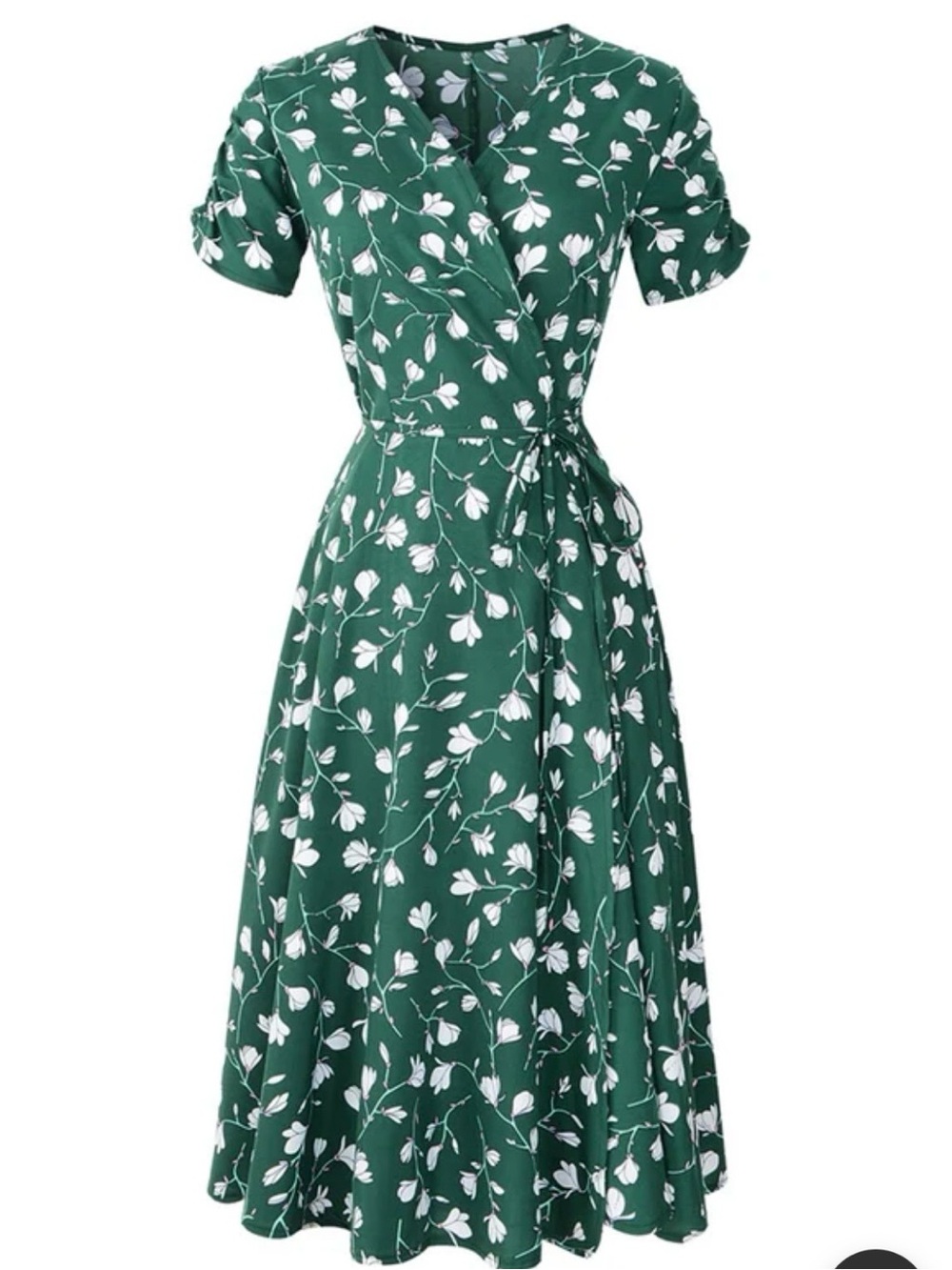 Green Floral Wrap Midi Dress with Tie Waist